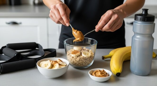 Athlete preparing healthy oatmeal with banana slices and peanut butter for a pre-workout meal