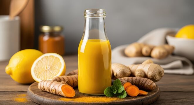Golden Turmeric Ginger Immunity Shot Drink with Lemon and Mint
