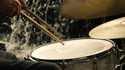 Obraz premium Close-up of drumsticks hitting a drum
