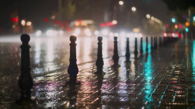 Night city street at rain with blurred traffic lights and wet pavement.