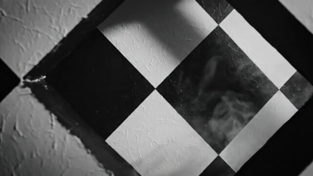 Black and white close-up of a diamond pattern on a textured wall with smoke or fog