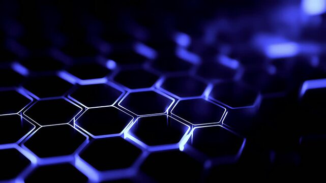 Glowing blue hexagonal pattern in darkness.
