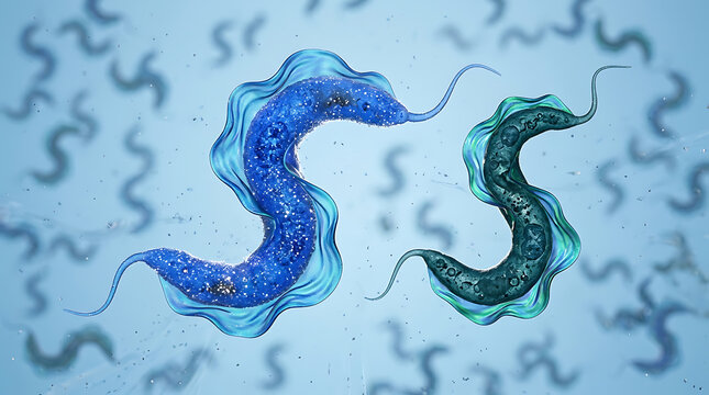 Microscopic 3D illustration of Trypanosoma parasites swimming in a blue fluid environment representing infection or disease