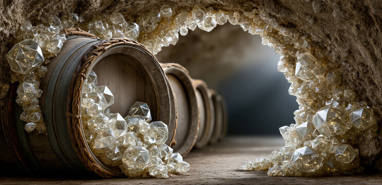 Bright crystal cavern with barrels. Glittering quartz clusters in rustic cave setting