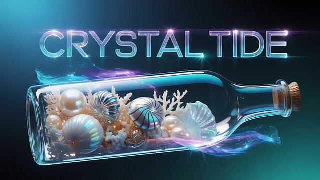 Glass bottle with seashells and pearls inside crystal tide
