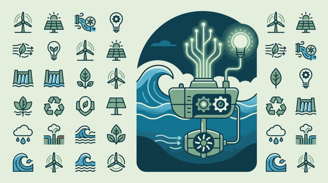 Flat vector illustration set of renewable energy icons and a tidal wave power generator turbine connected to a glowing lightbulb through digital circuits on a minimalist background.