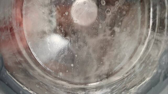 Washing machine cycle rotating red garments inside glass drum showing laundry process with soap suds and spinning clothes.