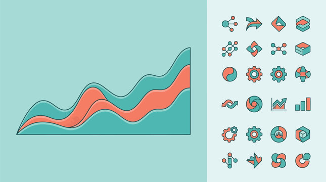 Modern minimalist business infographic featuring a layered wave area chart and a collection of 20 flat vector icons including gears, arrows, nodes, and growth charts in teal and coral.
