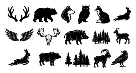 Fototapeta premium Collection of various black silhouette wild animals and nature elements, including deer antlers, a bear, wolf, owl, fox, rabbit, boar, moose skull, goat, crow, and pine trees, isolated on a