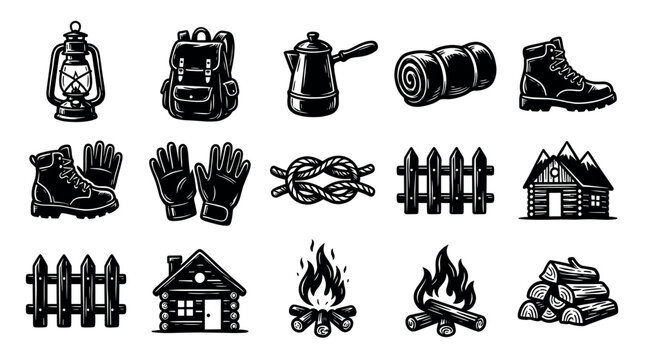 Collection of black and white camping and outdoor adventure icons, including a lantern, backpack, coffee pot, sleeping bag, boots, gloves, knot, fence, cabin, campfire, and firewood,