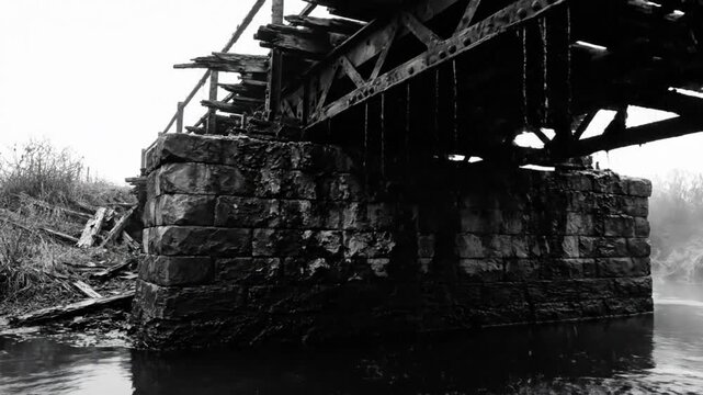 Low angle black and white shot of a decaying bridge over a dark river, the bridge is deteriorating