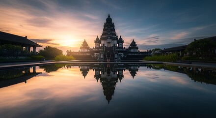 Fototapeta premium Man standing in front of an ancient temple at sunset with water reflection