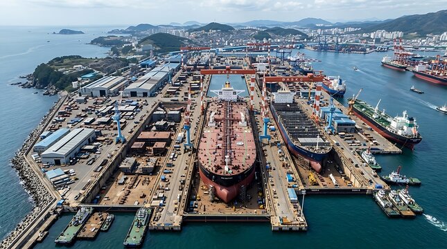 Aerial perspective of active shipyard featuring massive cargo ship repair