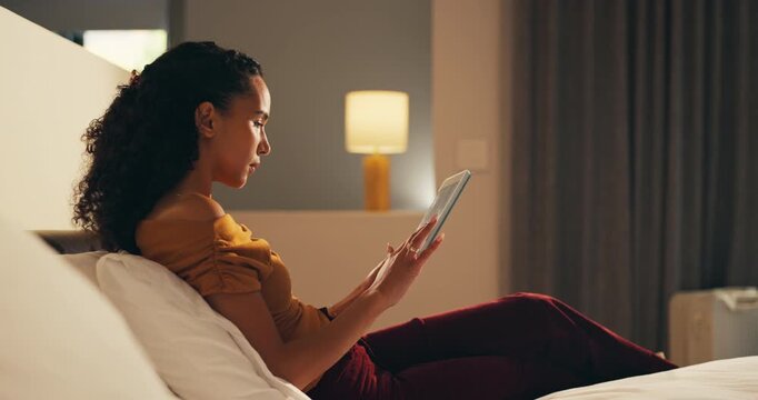 Tablet, relax and woman in bedroom for hotel, hospitality or tourism information on website. Browsing, search and person with digital app for scroll, connection or reading FAQ for accommodation