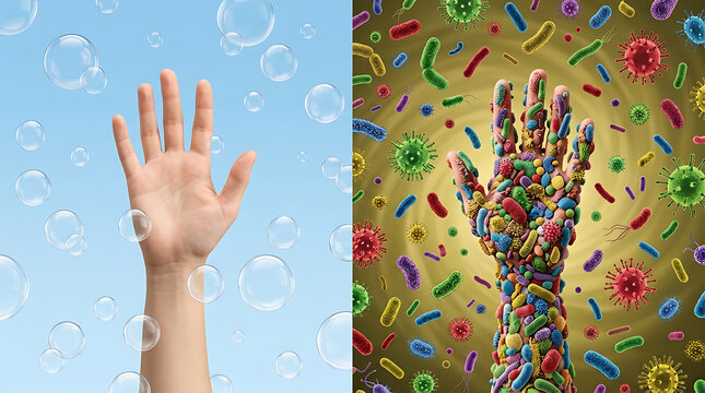 Comparison of a clean hand with soap bubbles and a dirty hand covered in colorful bacteria and viruses representing hygiene and infection control.