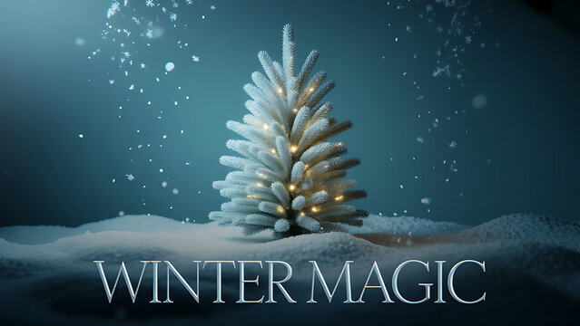 Small snowcovered pine tree with yellow lights on snowy ground