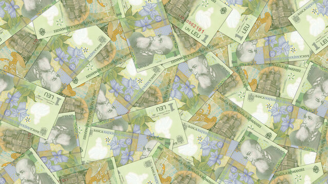 Seamless pattern. Financial illustration. Scattered Romanian 1 leu banknotes. Obverse and reverse. Plastic money of Romania. One. Economic texture. Wide wallpaper or background
