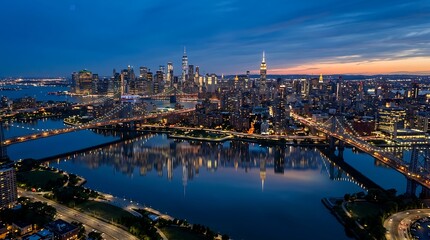 Obraz premium Aerial city skyline at twilight reflecting on water with twilight, reflection