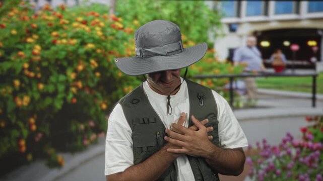 Man clutching chest hands over sternum appearing to have heartattack in front of building; urgent distress.