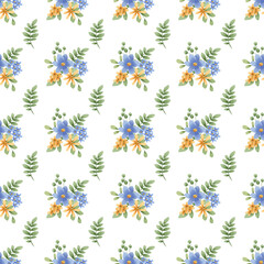 Obraz premium Seamless background, pattern, vintage floral texture with bouquets watercolor blue and yellow flowers. Repeat fabric wallpaper. Perfectly for wrapped paper, backdrop.