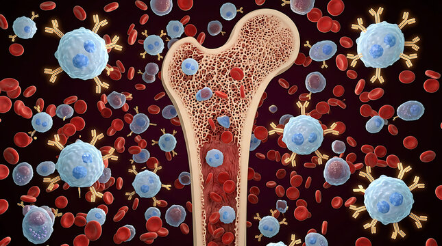 Medical illustration of a human bone cross section showing bone marrow producing red blood cells and white blood cells with antibodies