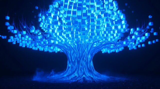 A mesmerizing digital artwork depicts a glowing, abstract tree-like structure with vibrant blue light emanating from its roots and branches against a dark, atmospheric background.