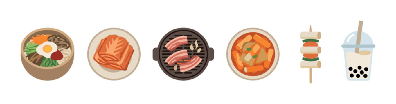 Collection of six popular Korean food and drink items, including bibimbap, kimchi, barbecue, tteokbokki, skewer, and bubble tea, presented as flat vector illustrations on a clean white