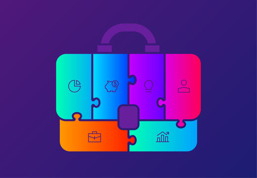 Six Piece Puzzle Briefcase Business Diagram on Dark Background