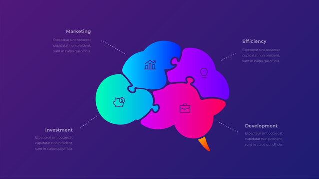 Four Piece Puzzle Brain Thinking Diagram on Dark Background
