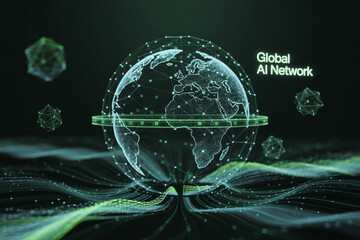 Obraz premium Global AI Network concept with digital earth globe, futuristic green wireframe data visualization, artificial intelligence connectivity technology