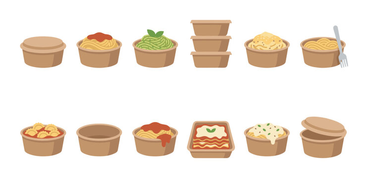 Various pasta dishes and empty containers in a simple, flat design illustration on a clean white background, perfect for food delivery concepts