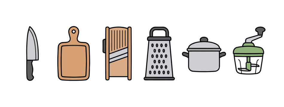 Various kitchen utensils including a knife, cutting board, mandoline, grater, pot, and food chopper are neatly arranged in a row on a clean white background