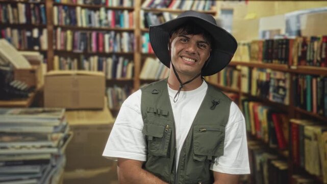 Man in wide brim hat and utility vest smiles with tilted head and folded hands among stacks of books in a bookstore building; curiosity exploration.