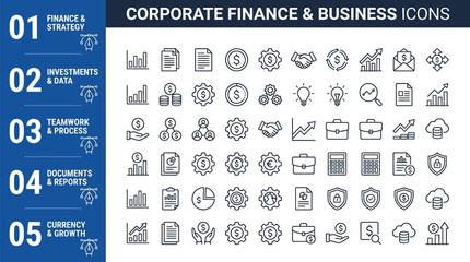 Fototapeta premium Corporate finance and business icons provide a structured guide for financial data, investment strategies, and organizational teamwork processes.