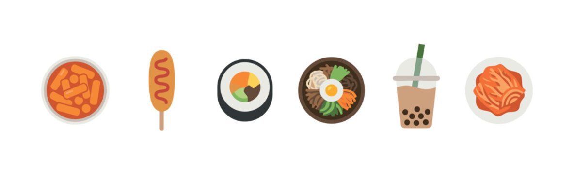 Collection of six popular Korean food and drink items, including tteokbokki, corndog, gimbap, bibimbap, bubble tea, and kimchi, presented as flat vector illustrations on a white background