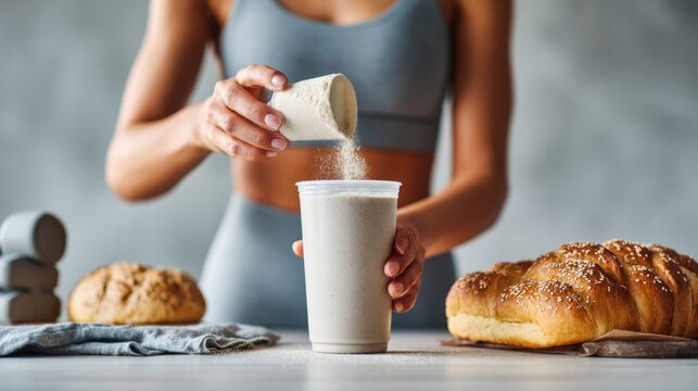 Woman preparing a protein shake with bread in the background for a healthy lifestyle.