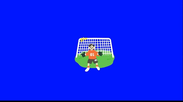 Animated soccer goalkeeper in cartoon style on blue background