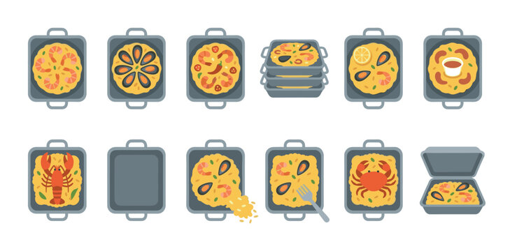 Various flat design paella dishes in rectangular pans, featuring seafood like shrimp, mussels, crab, and lobster, on a clean white background
