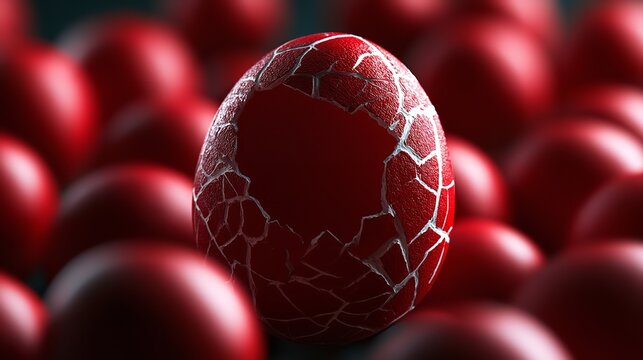 A single bright red egg with prominent white webbed surface fractures stands in the center of a field of blurred red eggs under studio lighting