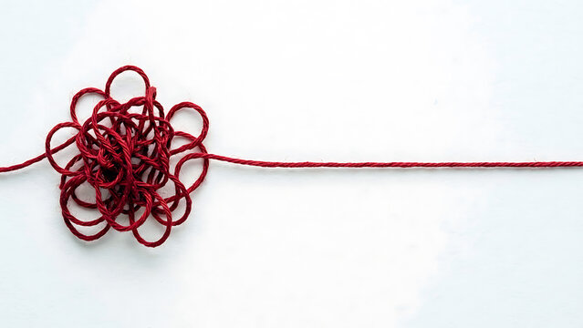 Tangled red string on white background with clear space