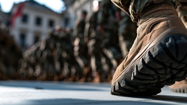 The aggressive textured tread of a heavy combat boot dominates the frame as it rests securely on a smooth paved ground during a formal military formation exercise