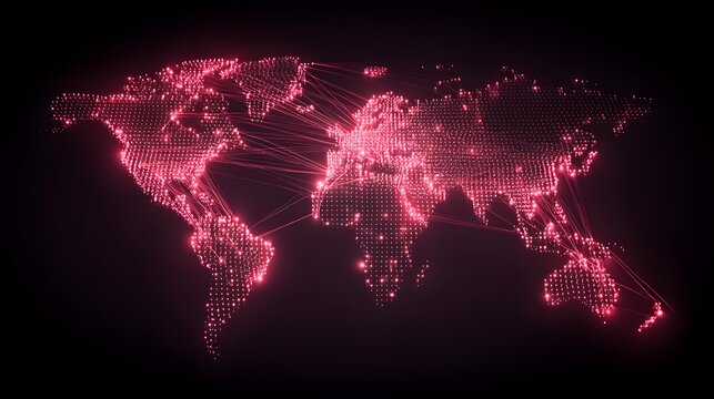 world map projection with glowing connection lines and global network concept
