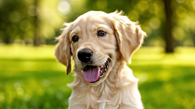 A delightful golden retriever puppy with a happy, panting expression sits attentively in a sun-dappled green meadow, showcasing its adorable features amidst a natural outdoor environment