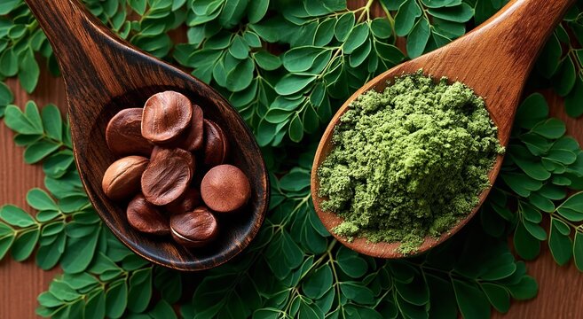 Two dark wooden spoons containing moringa seeds and vibrant green ground powder are arranged on a lush bed of fresh foliage under soft overhead natural light