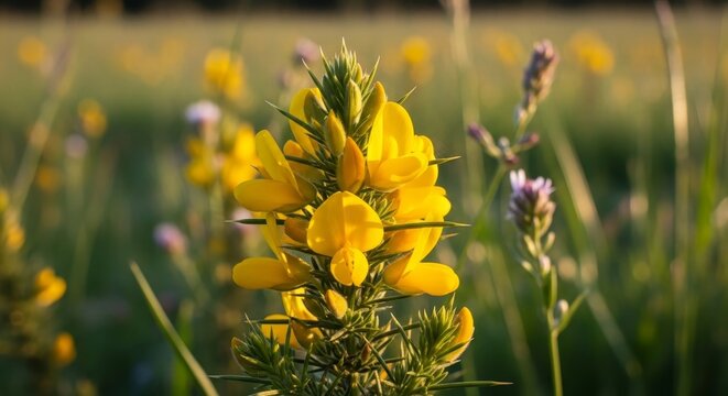 Close-up of vibrant yellow gorse flowers in a natural meadow setting.