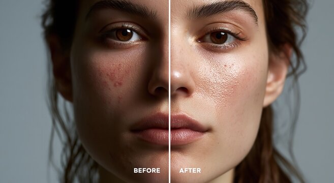 Comparison portrait of a woman shows clear skin improvement from red inflammation to a smooth and glowing complexion against a plain neutral gray backdrop