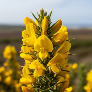 Close-up of vibrant yellow gorse flowers in full bloom, outdoors.