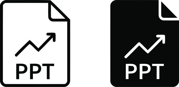 PPT file format icons with growth chart arrow, presentation document vector set, black and white office file extensions for business reports