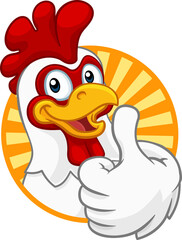 A chicken cartoon rooster cockerel character mascot giving a thumbs up. © Christos Georghiou