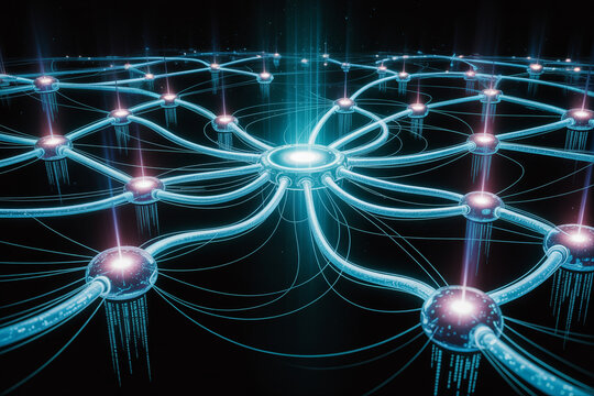 Futuristic digital network connection, glowing blue neural data cables on black background, abstract fiber optic communication technology concept